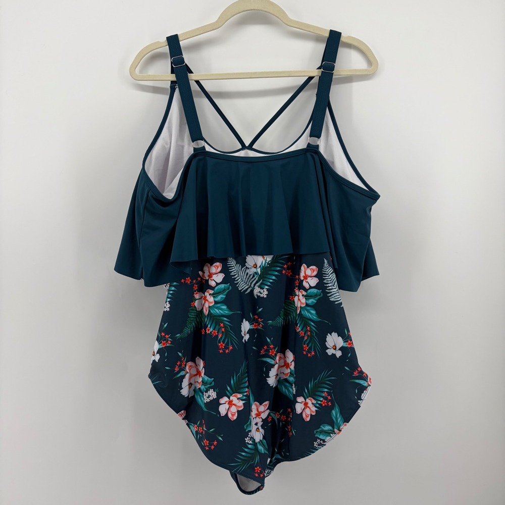Bloomchic Size 22-24 Teal Blue Floral One Piece Swimsuit Flounce Ruched Overlay - Picture 2 of 6